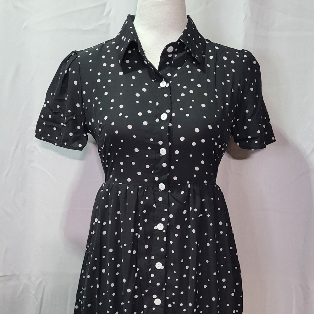 Women's Black Sheer Collared Polka Dot Short Sleeve Midi Dress Size XS EUC 🐈 - Picture 5 of 14
